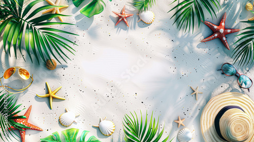 Summer beach concept with sand, palm leaves, seashells, starfish, sunglasses, and a straw hat.