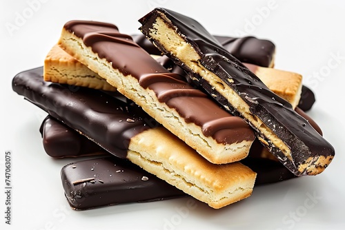 Shortbread Stick Biscuits Coated in Milk and Dark Chocolate. Bar Cookies, Long Biscuit Pile Isolated