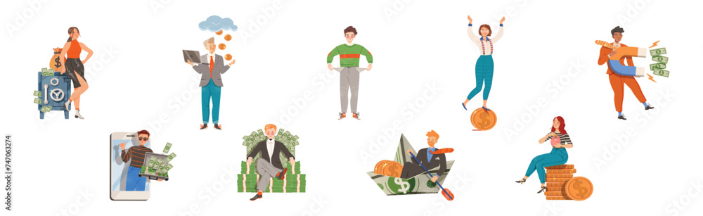 Man and Woman Character with Money Coin and Banknote Vector Set