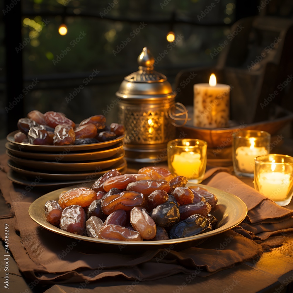 dry dates arranged in a gold plate on a rustic wooden table dry dates arranged in a gold plate on a rustic wooden table