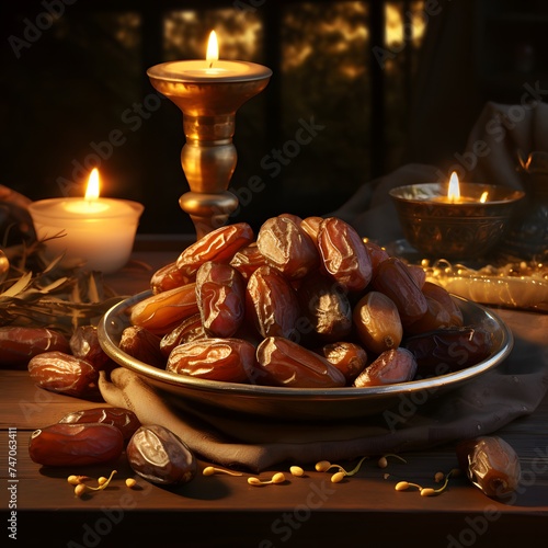 dry dates arranged in a gold plate on a rustic wooden table