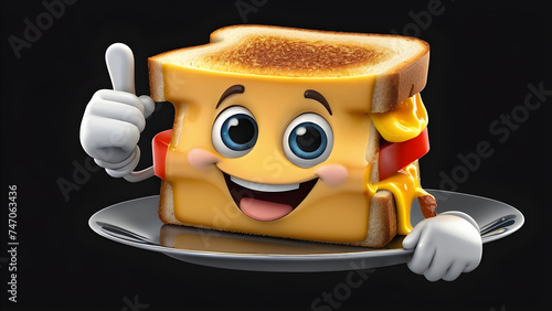 a cartoon funny grilled cheese sandwich on a black background. Delicious crispy cheese sandwich. fCute illustration for school notebook, menu, cover. Burger Day. Street food festival. © Udayakumar