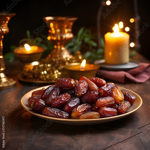 dry dates arranged in a gold plate on a rustic wooden table