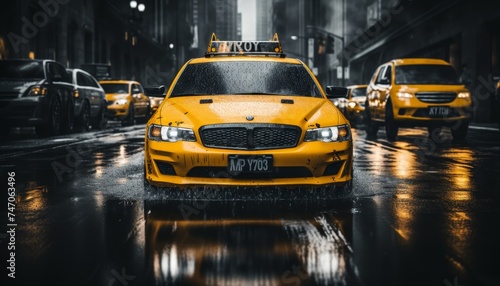 Vibrant motion yellow cabs in a bustling new york city street scene with blurred background