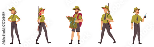 Male and Female Forest Rangers Working in Forest Vector Set