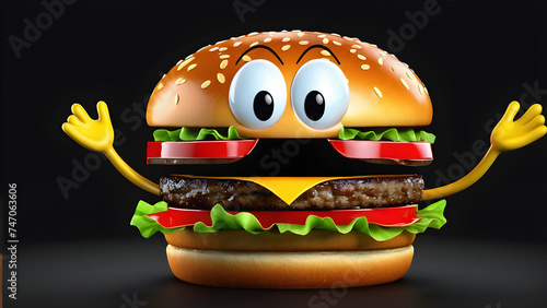 a cartoon happy face funny hamburger on a black background. Hamburger funny cartoon illustration. delicious. Cute illustration for school notebook, menu, cover. Burger Day. Street food festival.