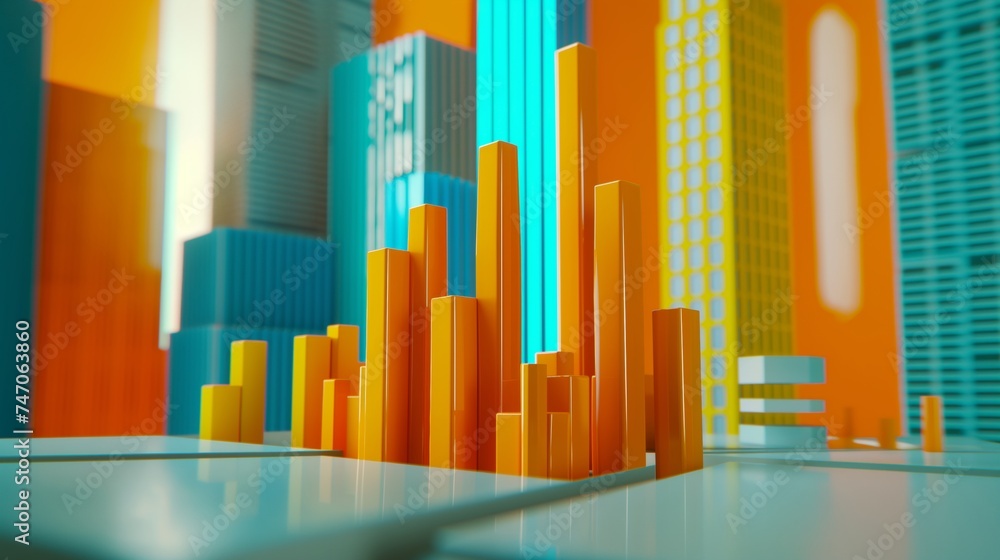 Abstract 3D illustration graph with cityscape. Financial growth concept.