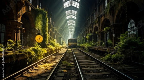 Abandoned railway station overtaken by vines and foliage, eerie and nostalgic atmosphere
