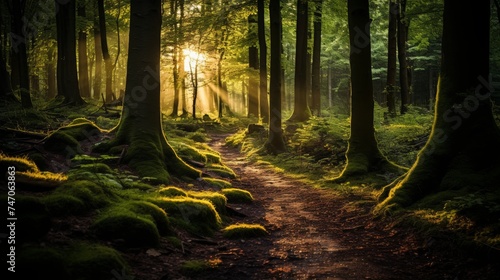 Tranquil forest glade with sunlight filtering through canopy, illuminating moss covered path