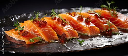 A black plate is filled with an abundance of skillfully prepared smoked salmon trout slices, showcasing the culinary expertise of talented caterers and cooks. The vibrant color of the salmon contrasts