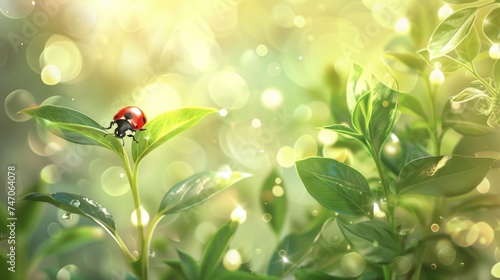 a beautiful Ladybug on an out of focus leaf background