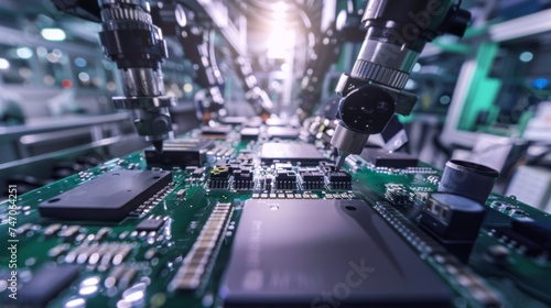 Close-up of an automated machine assembling printed circuit boards in a modern electronics manufacturing facility.