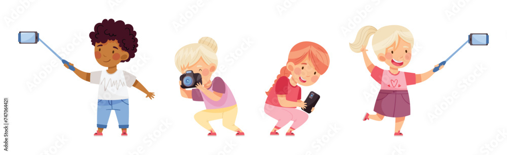 Cute Little Boy and Girl with Camera Taking Photo Vector Set Cute Little Boy and Girl with Camera Taking Photo Vector Set