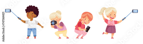 Cute Little Boy and Girl with Camera Taking Photo Vector Set