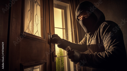 A burglar forces the door of a house. 