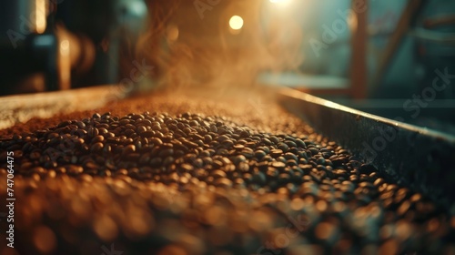 Aromatic coffee beans roasting, with steam rising and a warm, golden hue highlighting the texture.