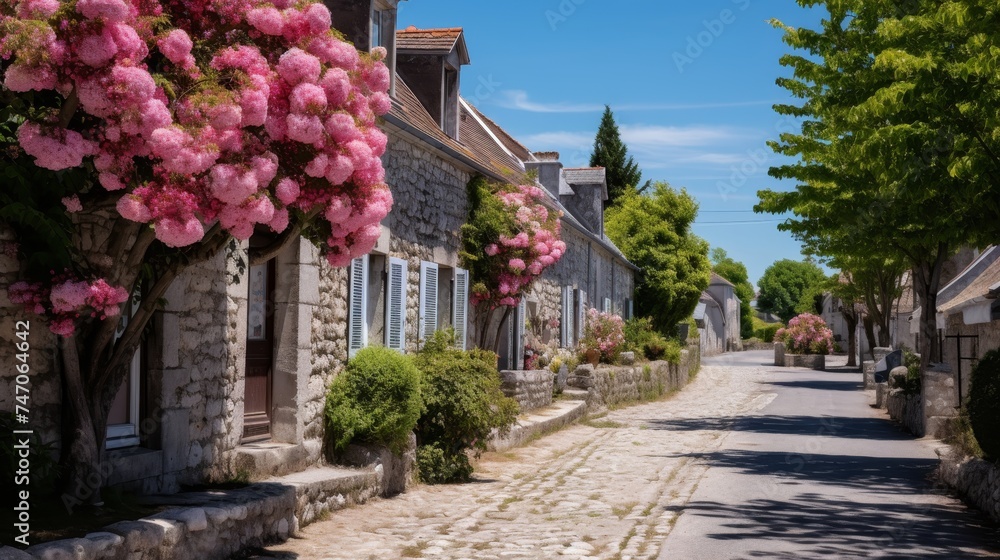 Charming countryside village with colorful flower baskets, cottages, and cobblestone streets