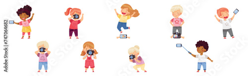 Cute Little Boy and Girl with Camera Taking Photo Vector Set