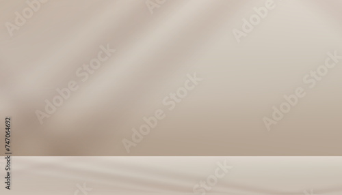 Beige Background Studio with shadow,light on 3d Podium Display for Product present,Backdrop Kitchen Concrete Room with Sunlight reflection on Cream Table top