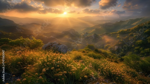 Breathaking majestic summer sunset high in the mountains overgrown with green grass and wild flowers photo