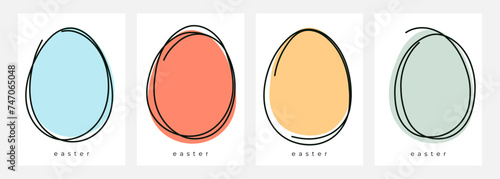 Easter Set. Hand drawn black lines and color egg shapes. Collection of festive templates for Easter holiday graphic design. Vector illustration.
