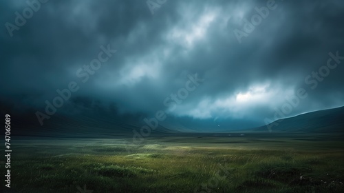 Misty foggy wasteland valley overgrown with green grass with low hanging grey clouds and mountain hills at the horizon