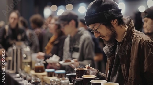A man with glasses attentively tastes coffee amidst a bustling coffee tasting event, with blur depicting motion.