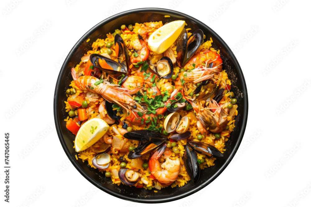 Traditional Spanish dish featuring saffron-infused rice cooked with chicken, rabbit, vegetables, and seafood. Traditional Spanish dish featuring saffron-infused rice cooked with chicken, rabbit, vegetables, and seafood.