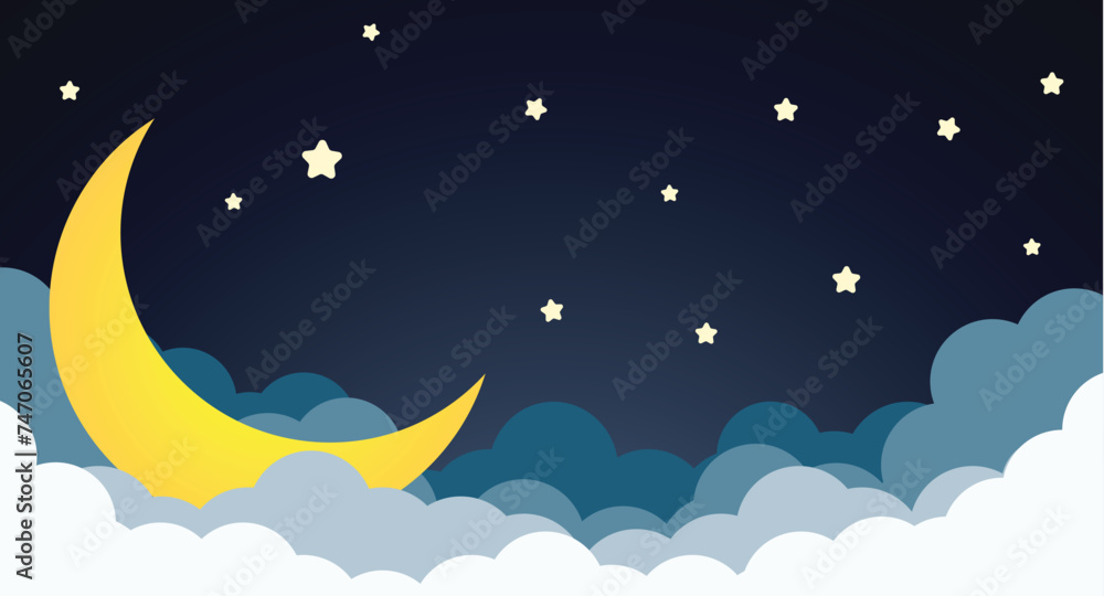 Naklejka premium night sky with stars and moon. paper art style. Vector of a crescent moon with stars on a cloudy night sky. Moon and stars background. Vector EPS 10. 