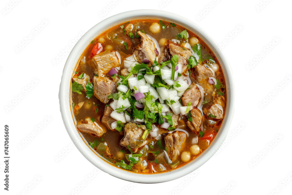 Mexican pozole soup with hominy, pork or chicken, chilies, onions, and spices in a flavorful and hearty broth, traditionally served during celebrations.
