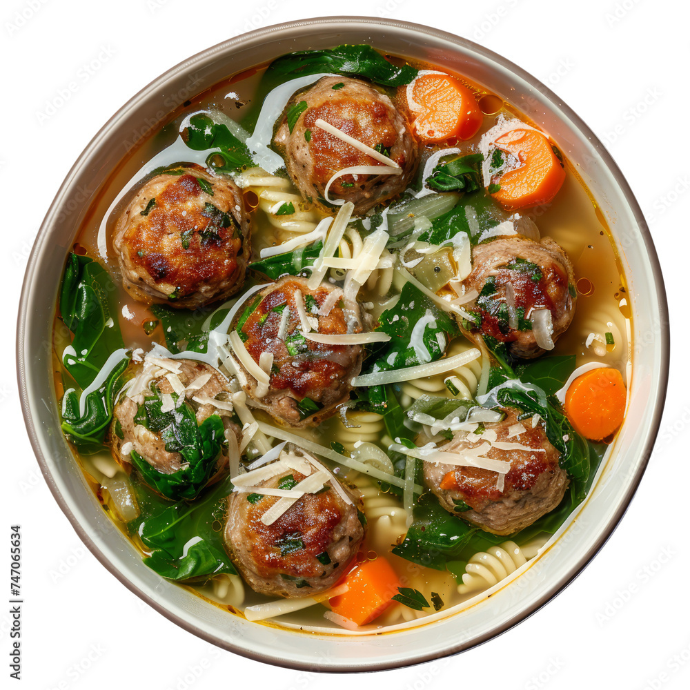 Italian wedding soup with meatballs, spinach, carrots, onions, pasta, and Parmesan cheese in a flavorful broth. Italian wedding soup with meatballs, spinach, carrots, onions, pasta, and Parmesan cheese in a flavorful broth.