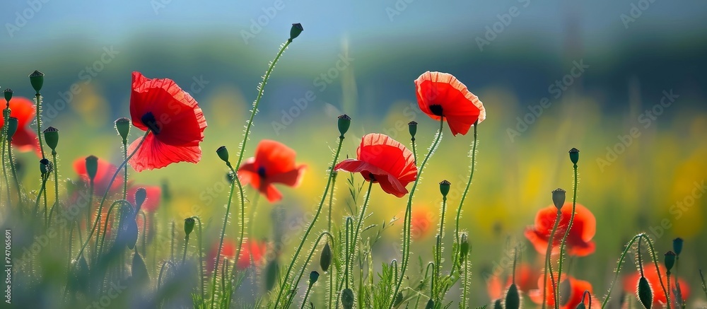 Obraz premium A landscape filled with a field of red poppies growing gracefully among the lush green grass under the clear blue sky.