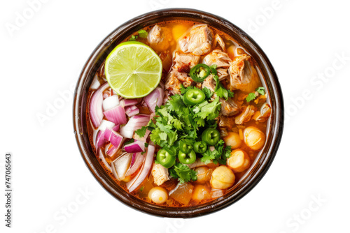 Mexican pozole soup with hominy, pork or chicken, chilies, onions, and spices in a flavorful and hearty broth, traditionally served during celebrations. photo