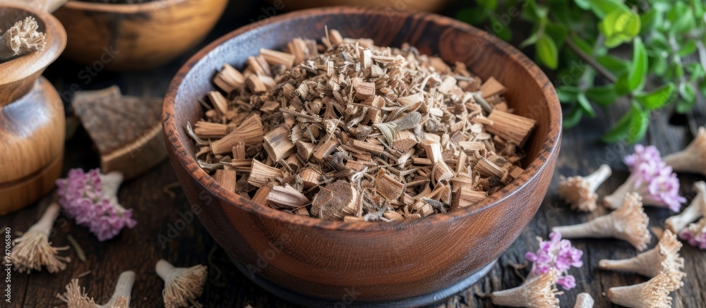 Rustic Wooden Texture: A Bowl of Chopped Wood Shavings on a Table, Natural Craft Supplies Rustic Wooden Texture: A Bowl of Chopped Wood Shavings on a Table, Natural Craft Supplies