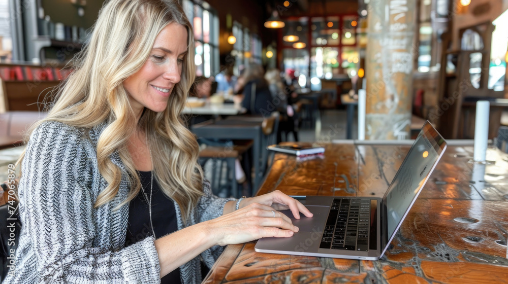 Mature woman is seated at a table, engaged with a laptop computer, focused on her work or activity Mature woman is seated at a table, engaged with a laptop computer, focused on her work or activity