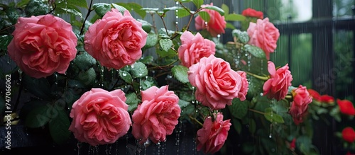 A bunch of pink roses is displayed in a window box, with rainwater falling onto the vibrant petals. The roses are bright and colorful against the window backdrop. © AkuAku