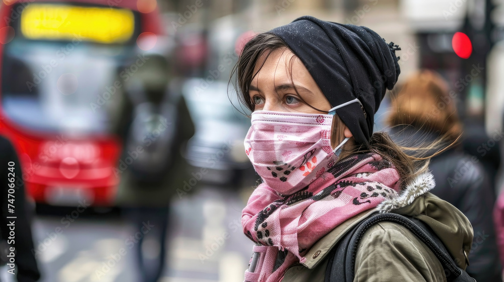 Young woman wearing pink scarf and a matching pink face mask, protecting herself while out in public
