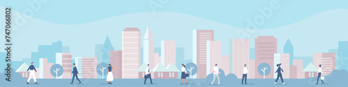 Vector urban building skyline bakground illustration with clouds and building and house with working people	