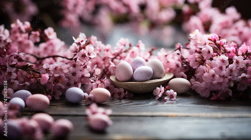 Easter Background with pastel colors Easter Eggs, Spring pink blossom flowers Easter Background with pastel colors Easter Eggs, Spring pink blossom flowers