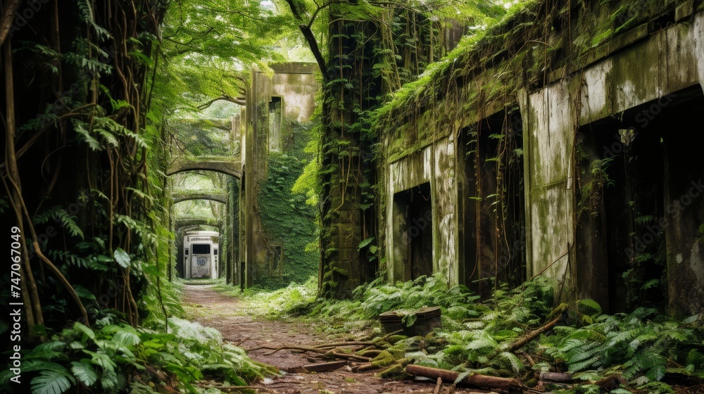 Nature reclaiming abandoned railway station, vines and foliage evoke nostalgia and mystery