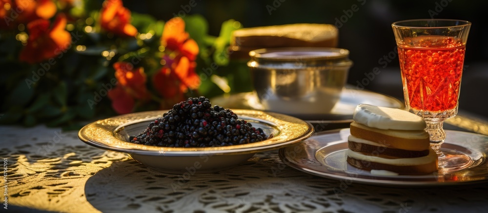 A table is set with a plate of food containing red and black caviar and a glass of wine. The outdoor setting enhances the dining experience. A table is set with a plate of food containing red and black caviar and a glass of wine. The outdoor setting enhances the dining experience.