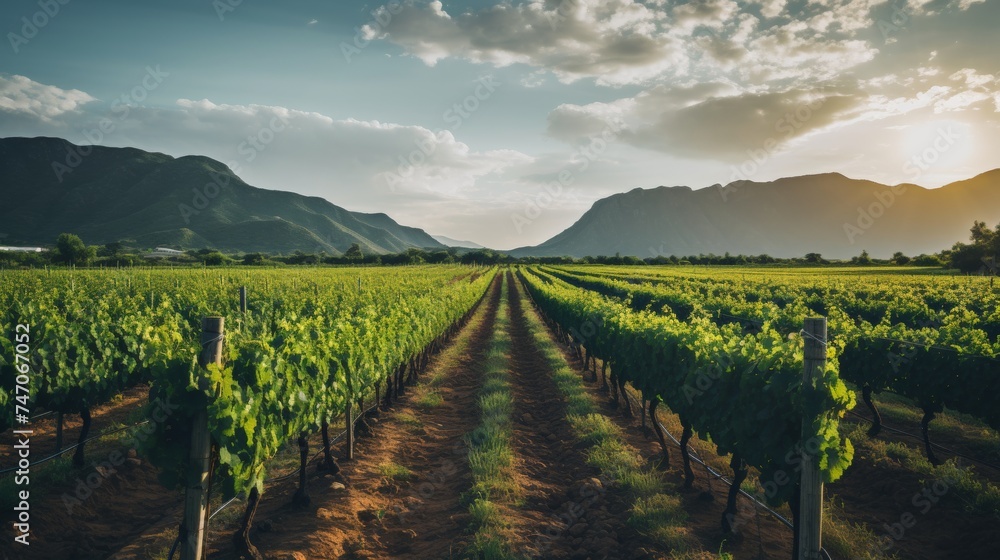 Scenic vineyard bathed in sunlight, rows of grapevines leading to rich wine flavors