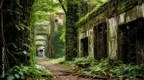 Nature reclaiming abandoned railway station, vines and foliage evoke nostalgia and mystery