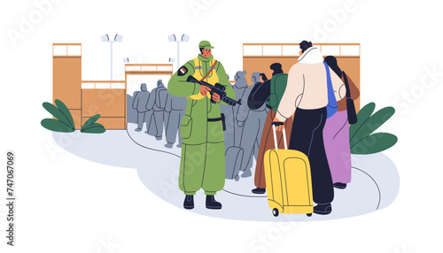 Refugees queue, migrants, immigrants at border checkpoint, passing country boundary. Immigration, migration, relocation control concept. Flat graphic vector illustration isolated on white background