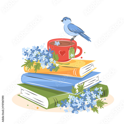 Books with spring flowers. Layout design for bookstore, library. Vector illustration