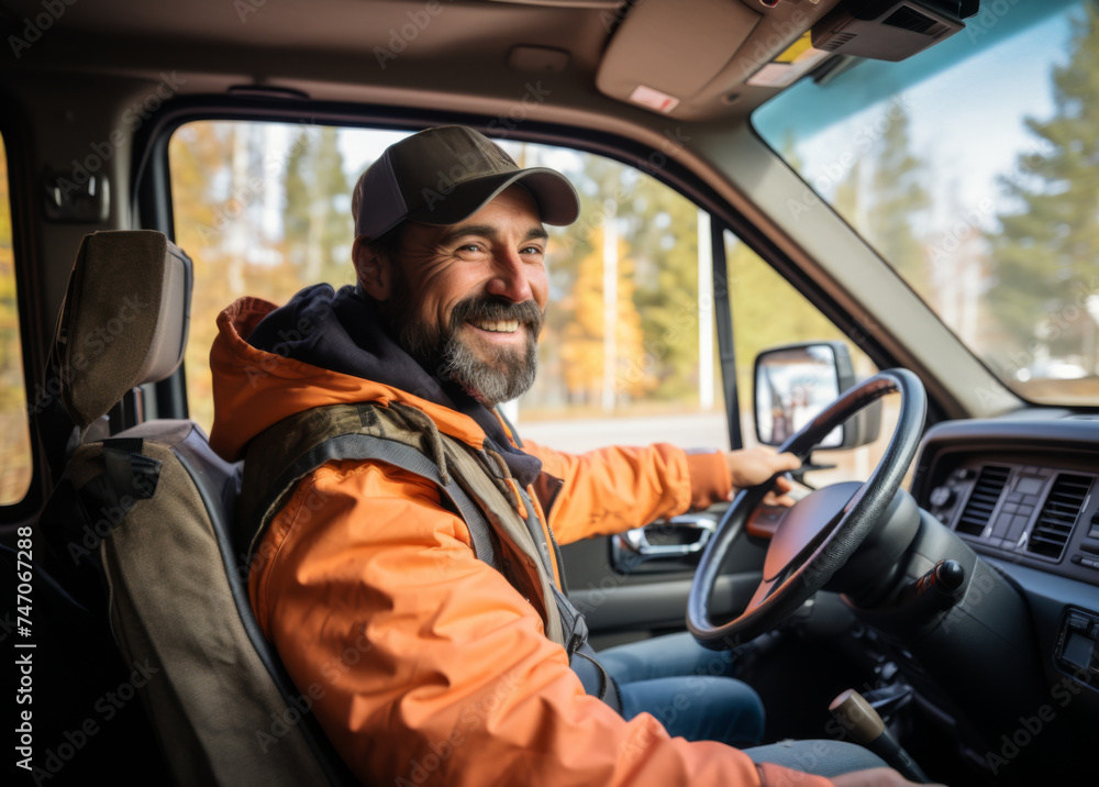 The driver behind the wheel of the truck, delivering cargo across America, generative AI The driver behind the wheel of the truck, delivering cargo across America, generative AI