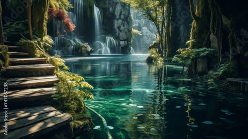 Majestic waterfall cascading into crystal clear pool amid lush greenery and vibrant wildlife