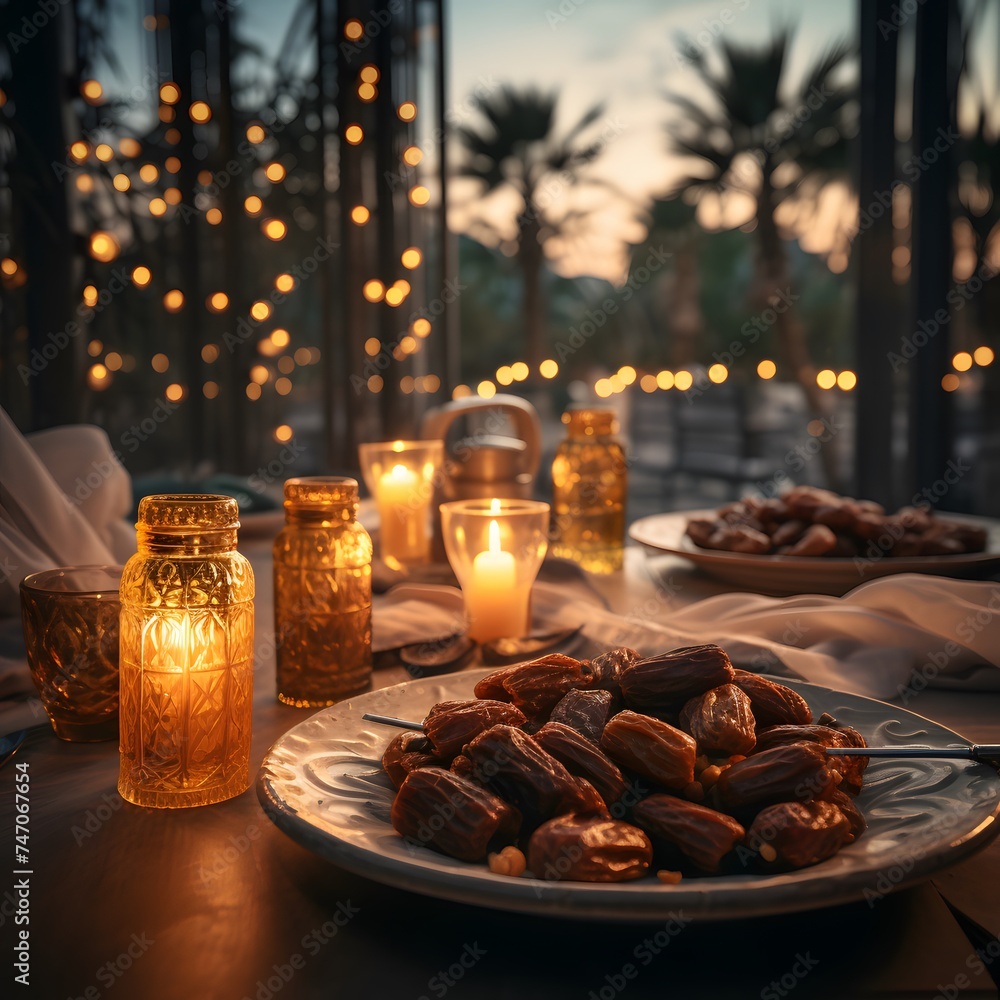dry dates in a gold plate on a wooden table dry dates in a gold plate on a wooden table