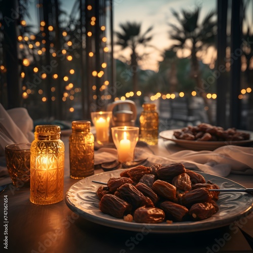 dry dates in a gold plate on a wooden table