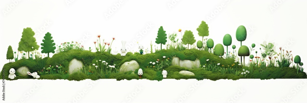 Eco-friendly decor, landscape with green trees and grass on a white background, banner